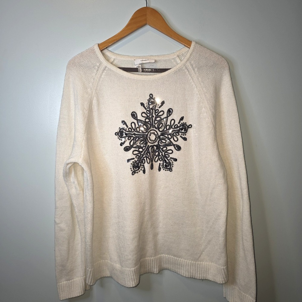 Cj Banks Crew Neck Sweater Womens Ivory Knit with Black Sequin Snowflake Design‎